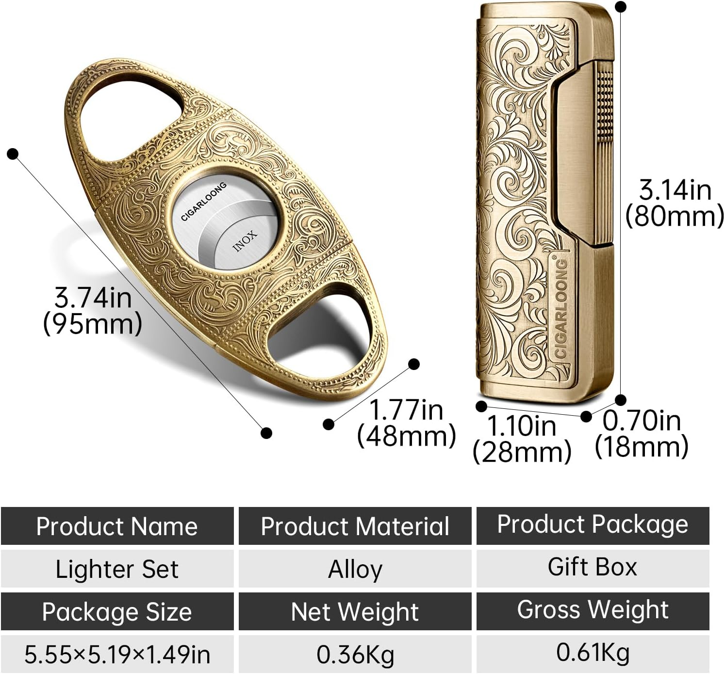 CIGARLOONG Cigar Cutter and Lighter Set Sharpening Blade Engraved Cigar Guillotine and Retro Carved Lighter(Color:Gold) image number 6