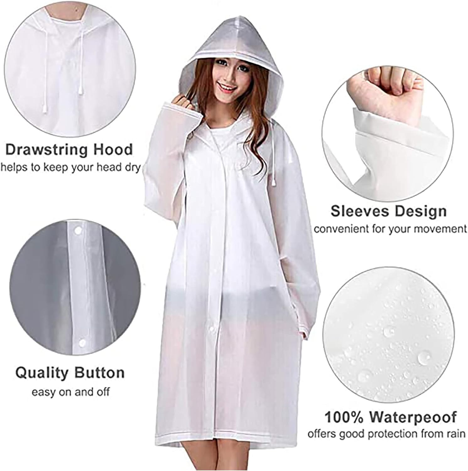 EVA Rain Poncho, 2 Pcs Raincoat for Women Men, with Hood，Reusable EVA Rain Ponchos Raincoat - Black+White image number 3