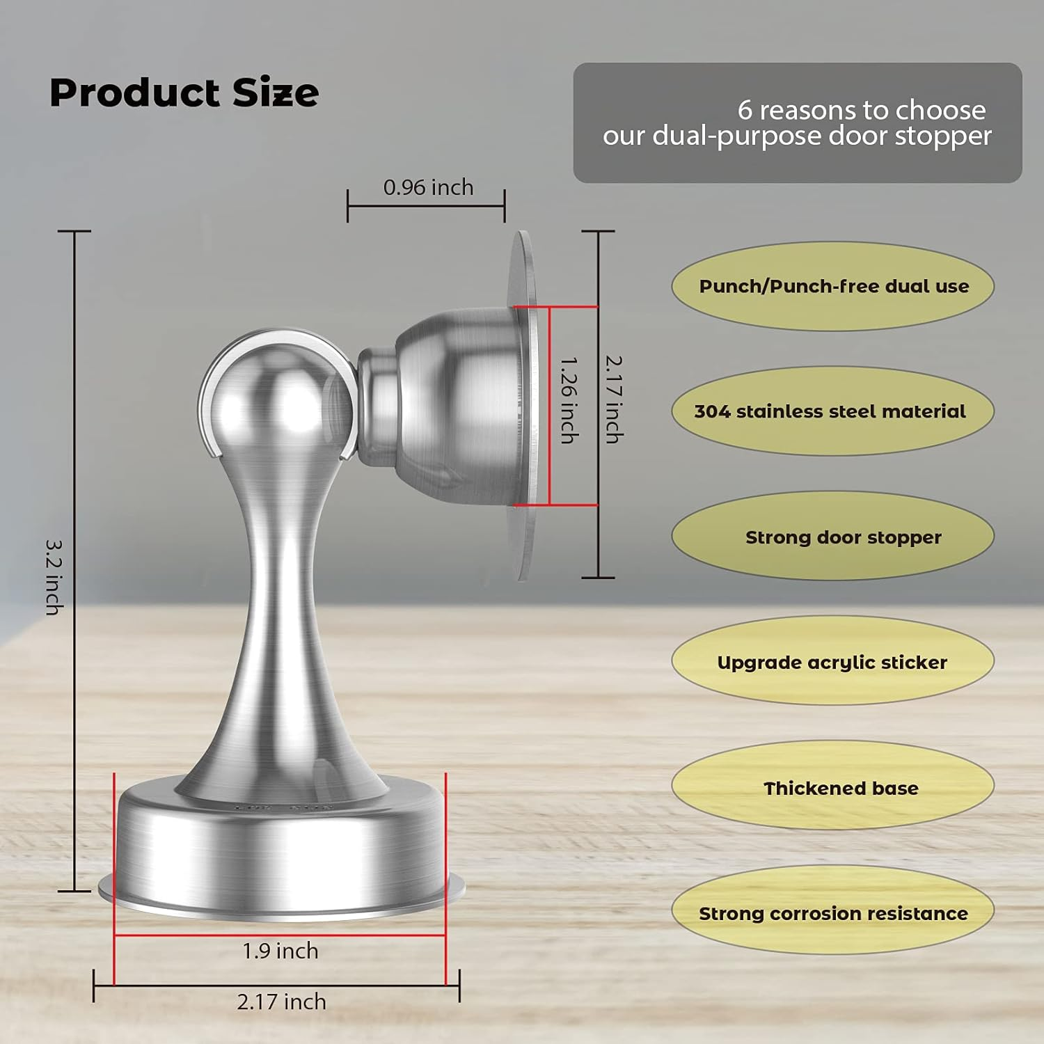 Door Stoppers, ASHGOOB 2-Pack Magnetic Door Stop Door Catch Door Closers - Stainless Steel(304) Door Stopper Wall Protector, Double-Sided Adhesive Tape No Drilling, Screws for Stronger Wall Mount image number 2