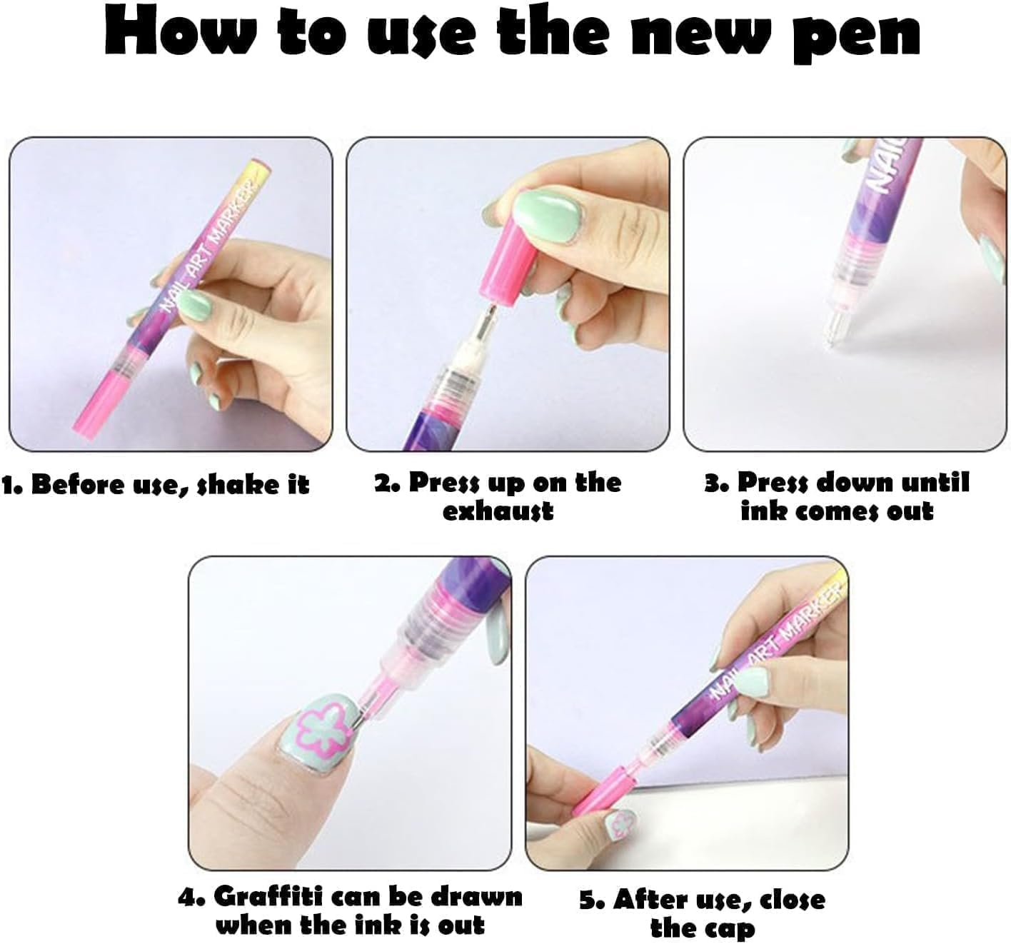 Afeamo Nail Art Markers Fine Tip, 12 Colors Nail Art Pens Set,Entiretotal 12 Colors Nail Art Pens Set,Quick Dry Nail Pens, Drawing Painting Liner Pen 3D Nail Polish Pens Quickly Dry Nail Art Nail DIY Decoration image number 6