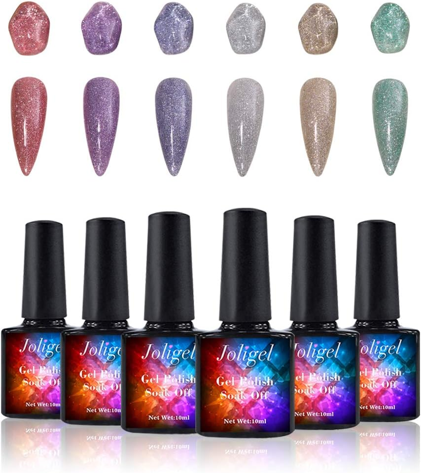 Joligel Glitter Gel Nail Polish Set 6Pcs Diamond Shine Super Sparkly Red Purple Blue Silver Gold Green, Soak off UV LED Gel Polish Manicure Nail Lacquer Kit, 10ML Each Bottle image number 3