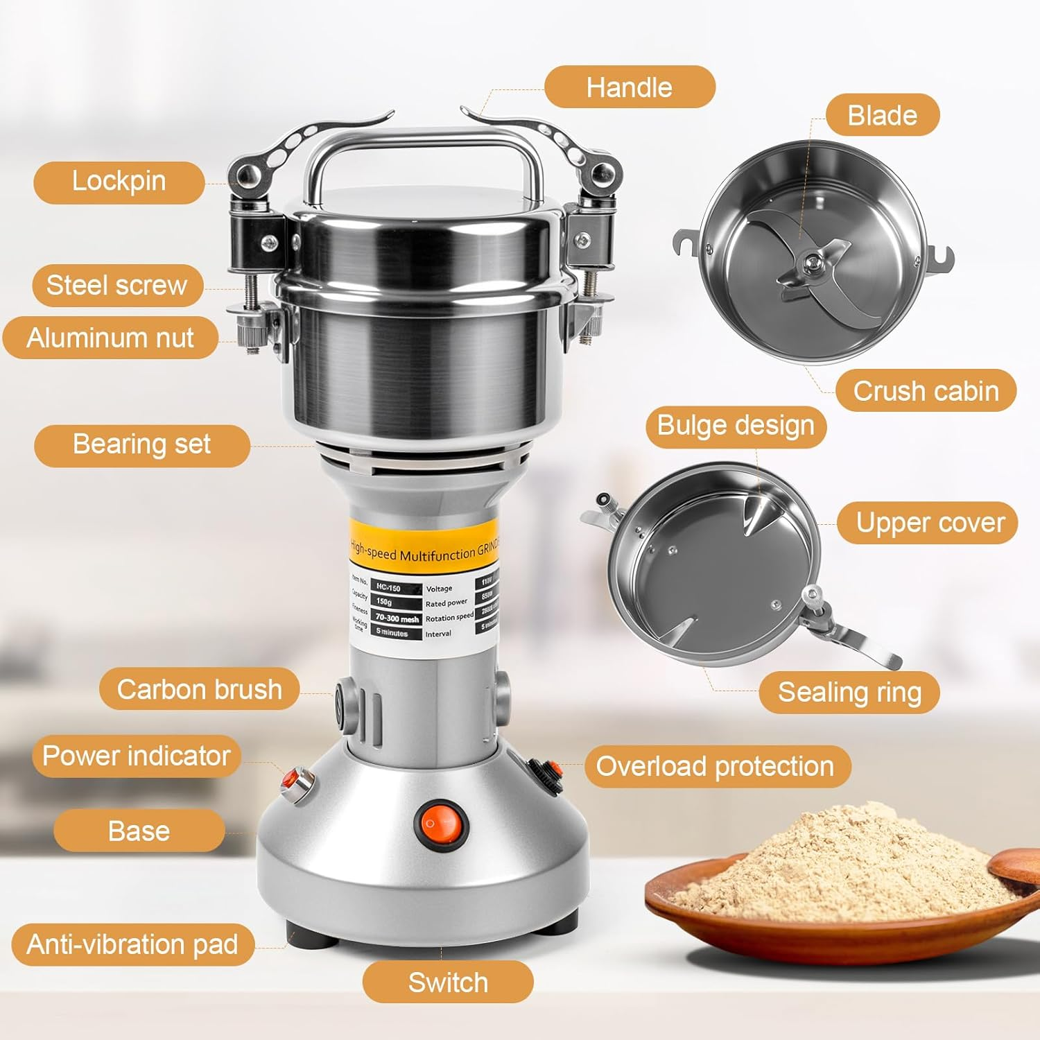 LZONEY Grain Mill Grinder 150G High Speed Electric Stainless Steel Grinder Cereals Wheat Corn Herbs Spices Coffee Beans Seasonings