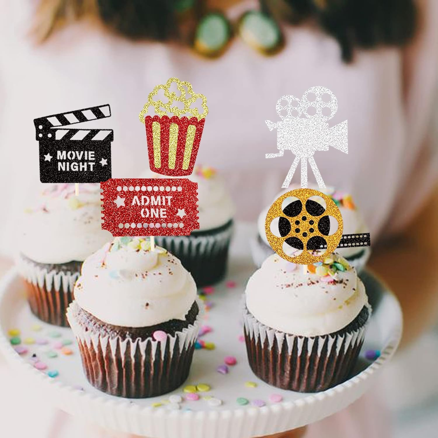 SYKYCTCY 30 Pack Movie Theater Cupcake Toppers Glitter Night Roll Camera Popcorn Cupcake Picks Hollywood Theme Baby Shower Kids Birthday Party Cake Decorations Supplies