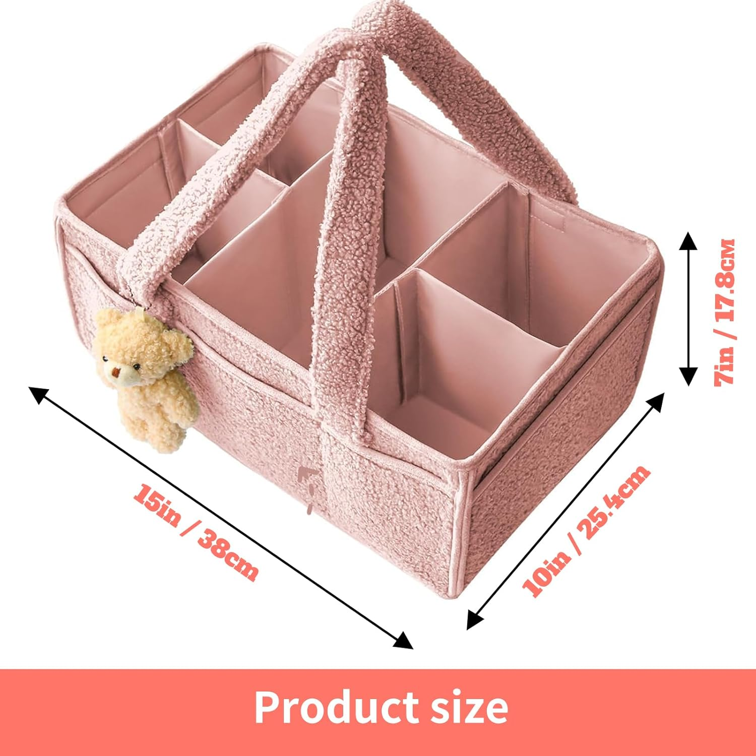 Baby Diaper Caddy Organizer, Nappy Caddy Storage Basket for Diapers and Baby Wipes, Portable Diaper Storage Bag, with Bear Decorations, Perfect Present for New Mom, Nursery (Pink) image number 3