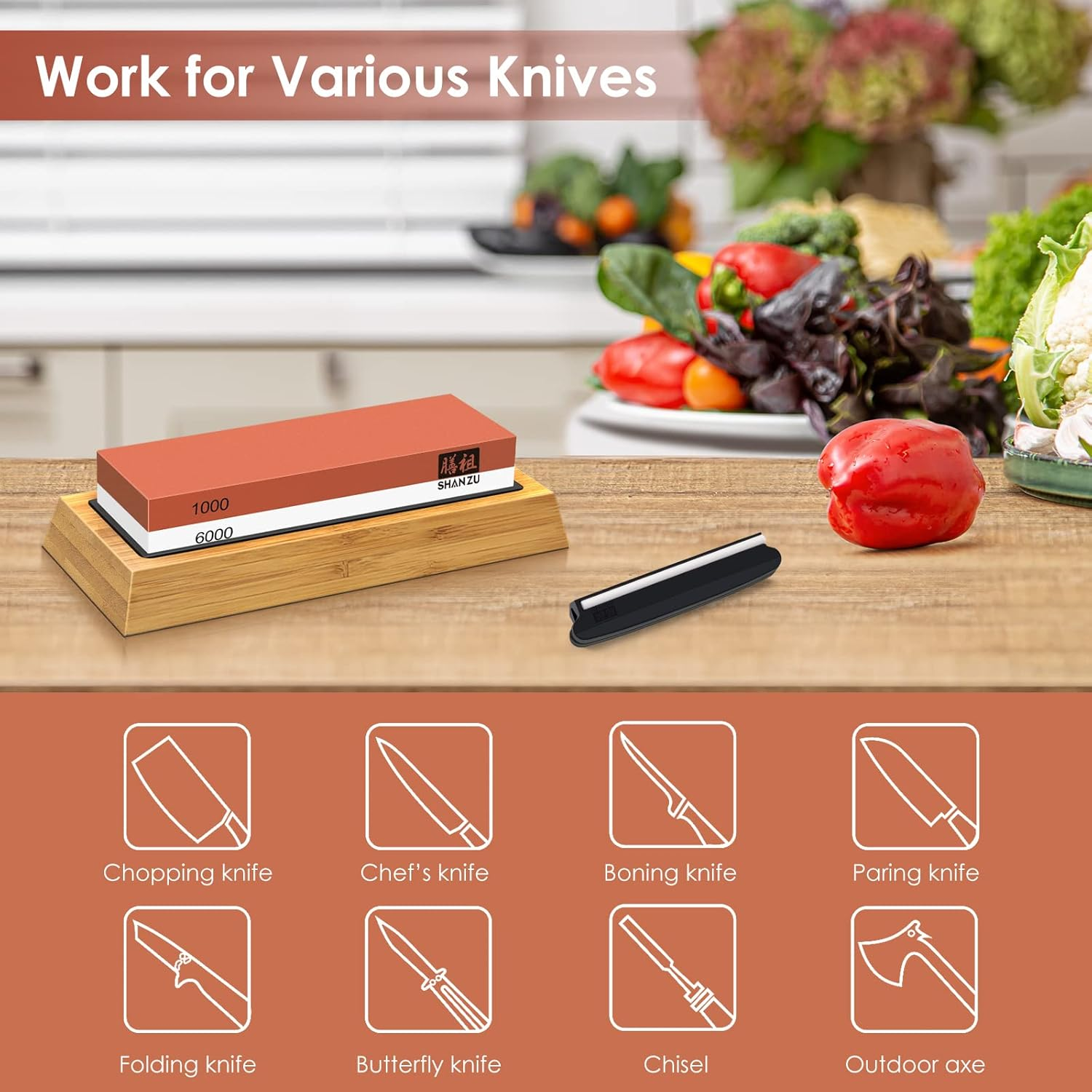 SHAN ZU Sharpening Stone for Knives, Grit 1000/6000 Whetstone with Angle Guide Non-Slip Bamboo Base Japanese Knife Sharpeners Stone Professional 2-In-1 Wetstone for Home Kitchen image number 2