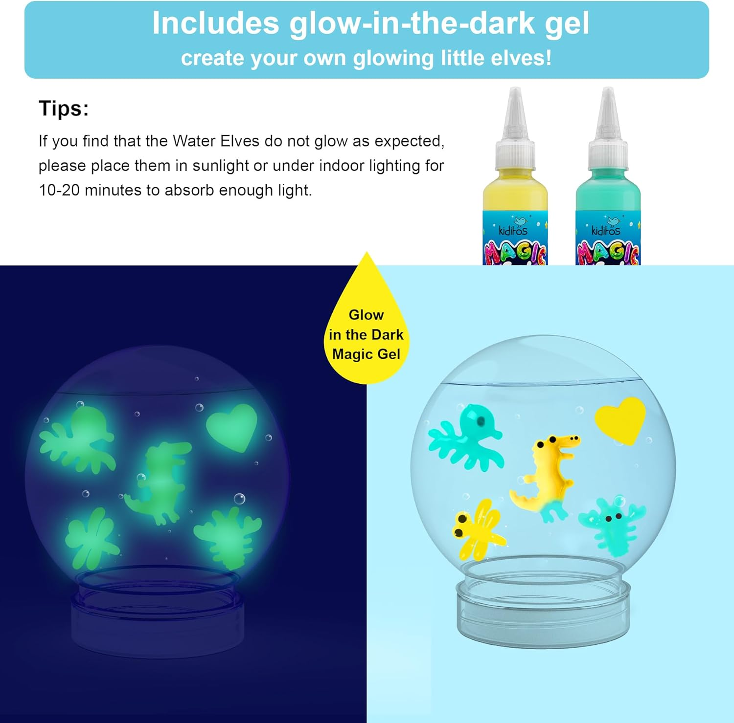 Kiditos Magic Water Elf Toy Kit &ndash; Squishies for Kids, 12 Gels + 10 Molds & 1 Bottle, Magic Gel Water Pets Sensory Toy, DIY Craft Kit & Refill, Party Favors, Birthday & Xmas Gifts for Kids Ages 3+ image number 4