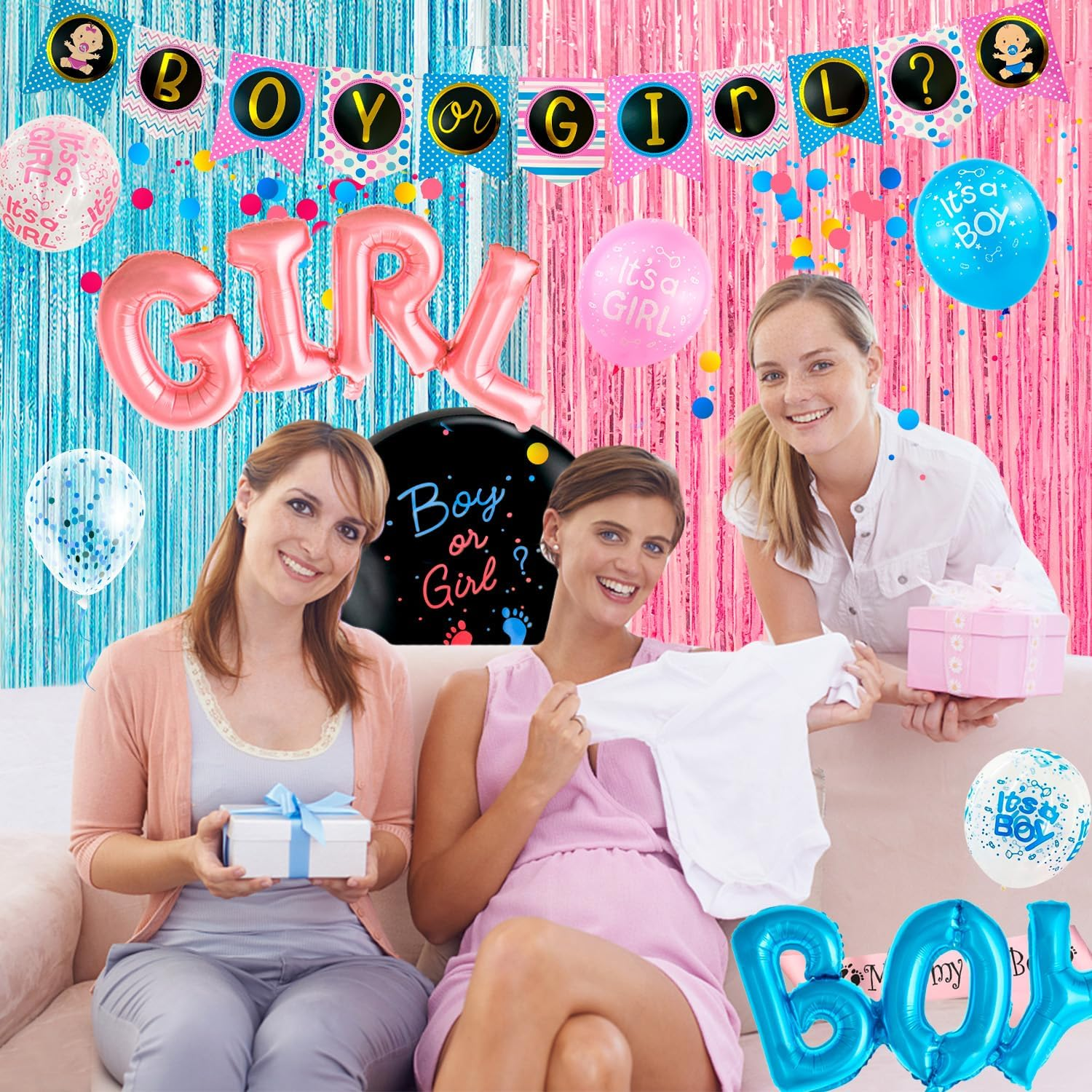 Gender Reveal Party Supplies,118Pcs Gender Reveal Party Decorations & Tableware Set- Gender Reveal Plates and Napkins and Cups and Tableware & Boy or Girl Banner Balloons Fringe Photo Booth Props Etc image number 2