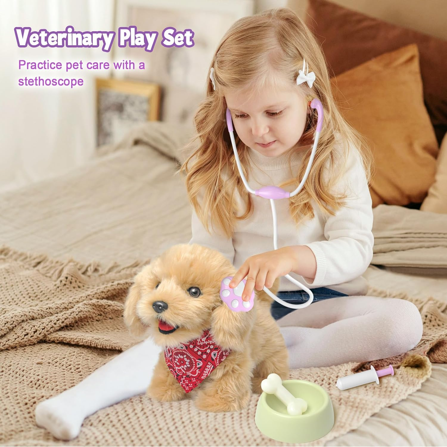YH YUHUNG Dog Toys for Kids, Interactive Puppy Dog with Lead That Walks and Barks, Realistic Electronic Plush Robot Dog, Grooming Kit, Educational Toy from 3 Years