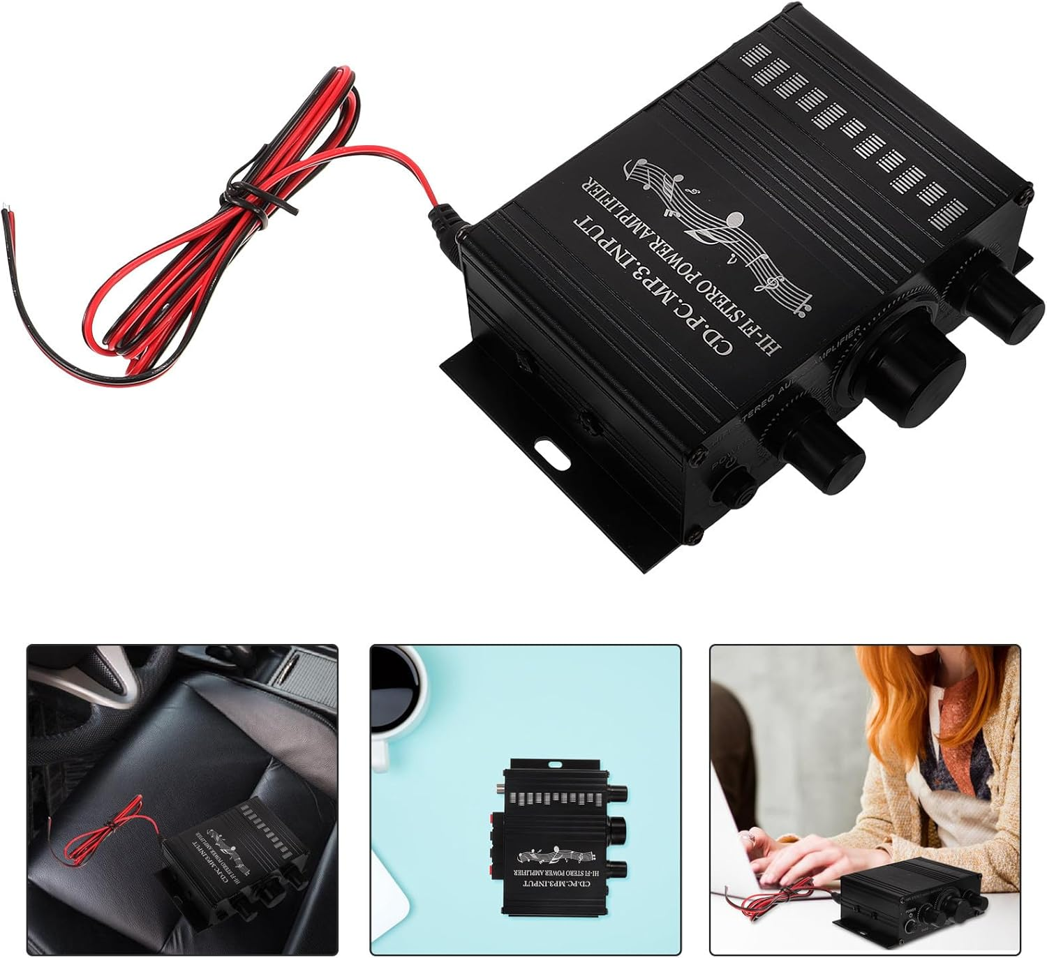 Toddmomy Mini Amplifier Car and Home Audio Stereo Amp with Dc Cable, Compact Black Power Amplifier for Portable Speaker Systems and Mp3 Players