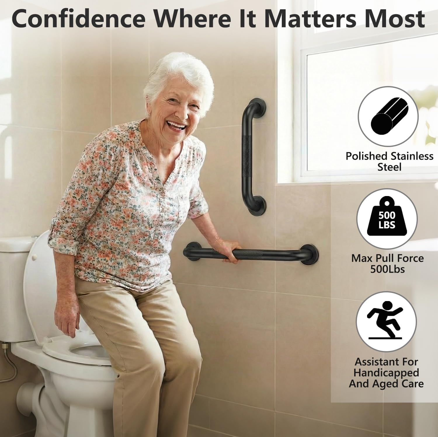 2 Pack Shower Grab Bars for Bathroom 16 Inch Black Stainless Steel Anti-Slip Knurled Grip Home Care Bath Handrail Safety Hand Rail Support for Showers Seniors Elderly Assist Handicap Bath Handle image number 3