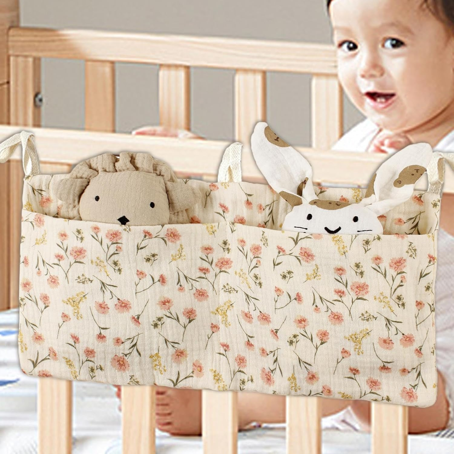 Baby Bed Side Diaper Storage Bag | Bed Organizer Pocket - Dormitory Bed Bunk Organizing Bag, 2 Pockets Crib Accessories for Baby Cribs and Toys image number 6