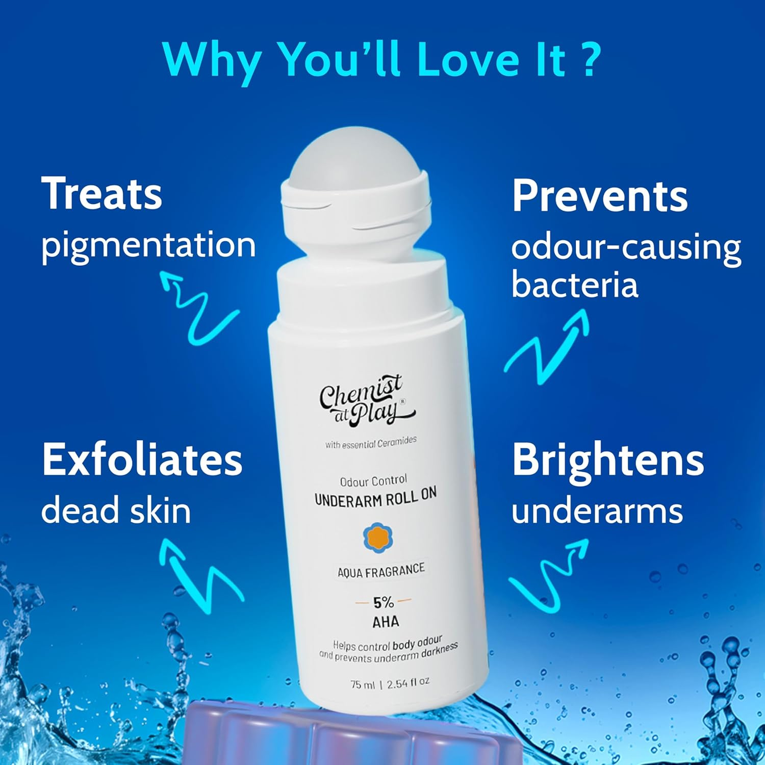 Chemist at Play Underarm Roll-On with 5% AHA, Lactic Acid & 1% Mandelic Acid | Prevents Body Odour, Brightens Skin & Exfoliates Underarm | for Sensitive Skin | Aqua Fragrance | Alcohol Free - 75Ml image number 1