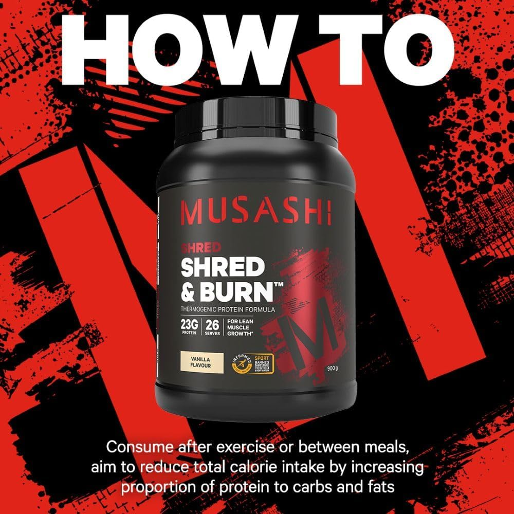 Musashi Shred and Burn Protein Powder, Vanilla Flavour, 2Kg &ndash; High Protein, Thermogenic Formula with L-Carnitine & Green Tea for Lean Muscle & Fat Metabolism image number 2
