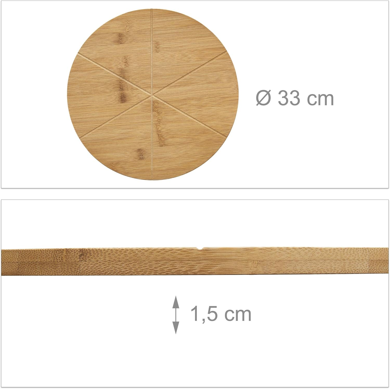 Relaxdays Bamboo Pizza Plate 33 Cm Diameter, Wooden Chopping Board, Cut-Resistant Pizza Board with 6 Compartments for Evenly Large Pieces, Wooden Plate for Pizza, Natural, 33 X 33 X 1.5 Cm image number 1