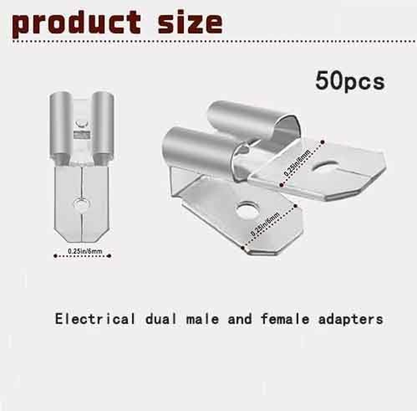 50PCS Silver Double Piggyback Spade Connectors, Electrical Double Male Female Adapter, Female Male Quick Disconnect Piggyback Spade Crimp Terminals Assortment Kit image number 3