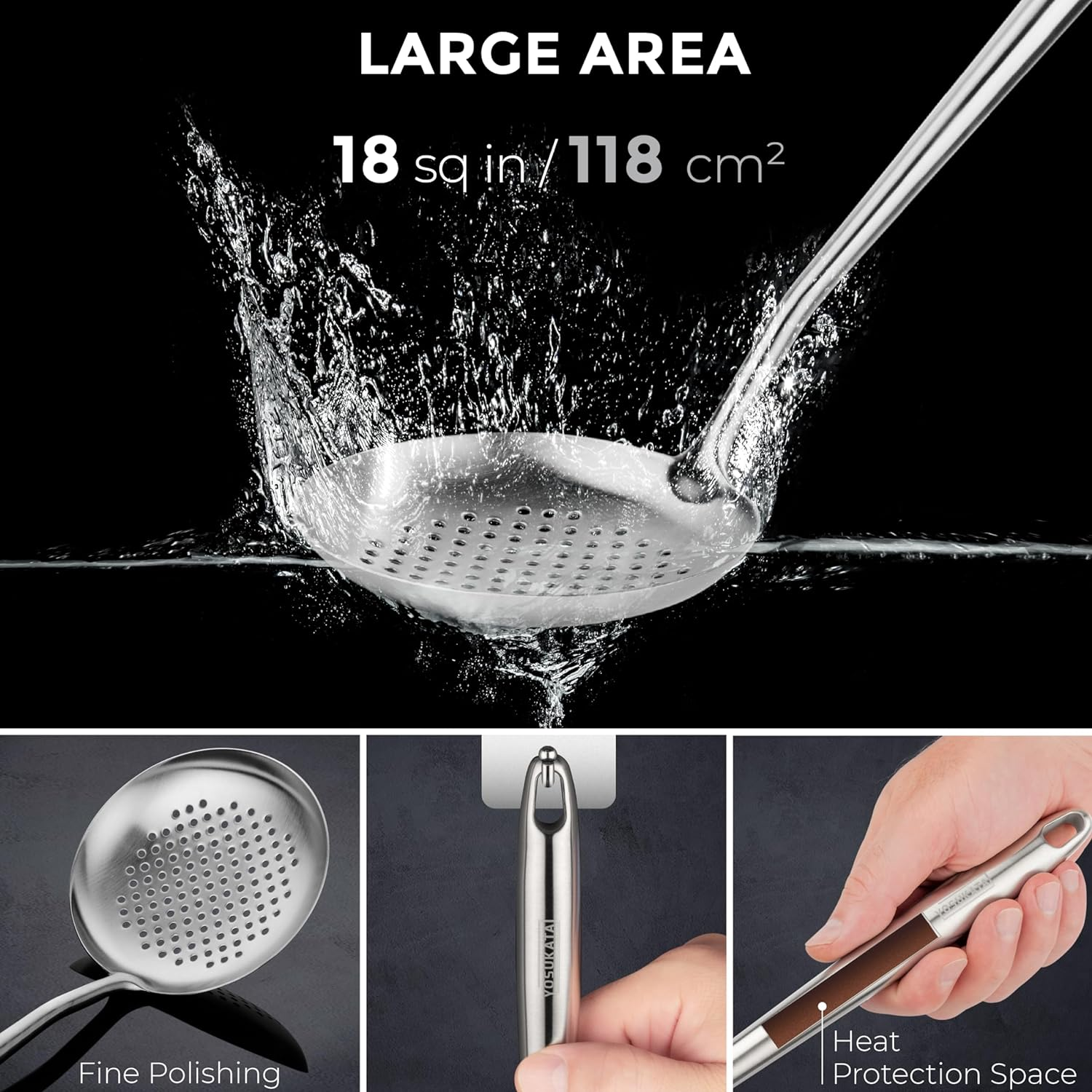 Yosukata 43 Cm Wok Spatula and Ladle Skimmer Spoon - Stainless Steel Cooking Utensils Set of 3-304 Stainless Steel Kitchen Utensils Set - Dishwasher Safe Wok Accessories - Wok Utensils Cooking Tools&hellip; image number 3