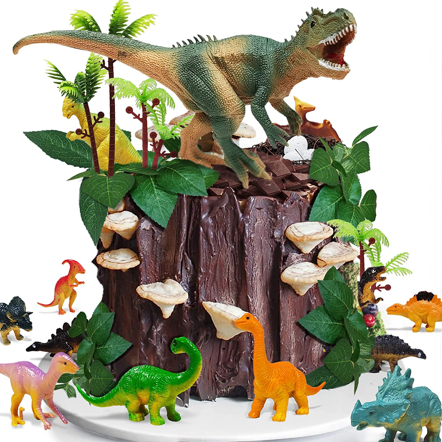 26 PCS Luminous Dinosaur Cake Toppers with Dinosaur Eggs Leaves Trees Cake Decorations for Birthday Party, Kids Party Cake Decorations image number 5