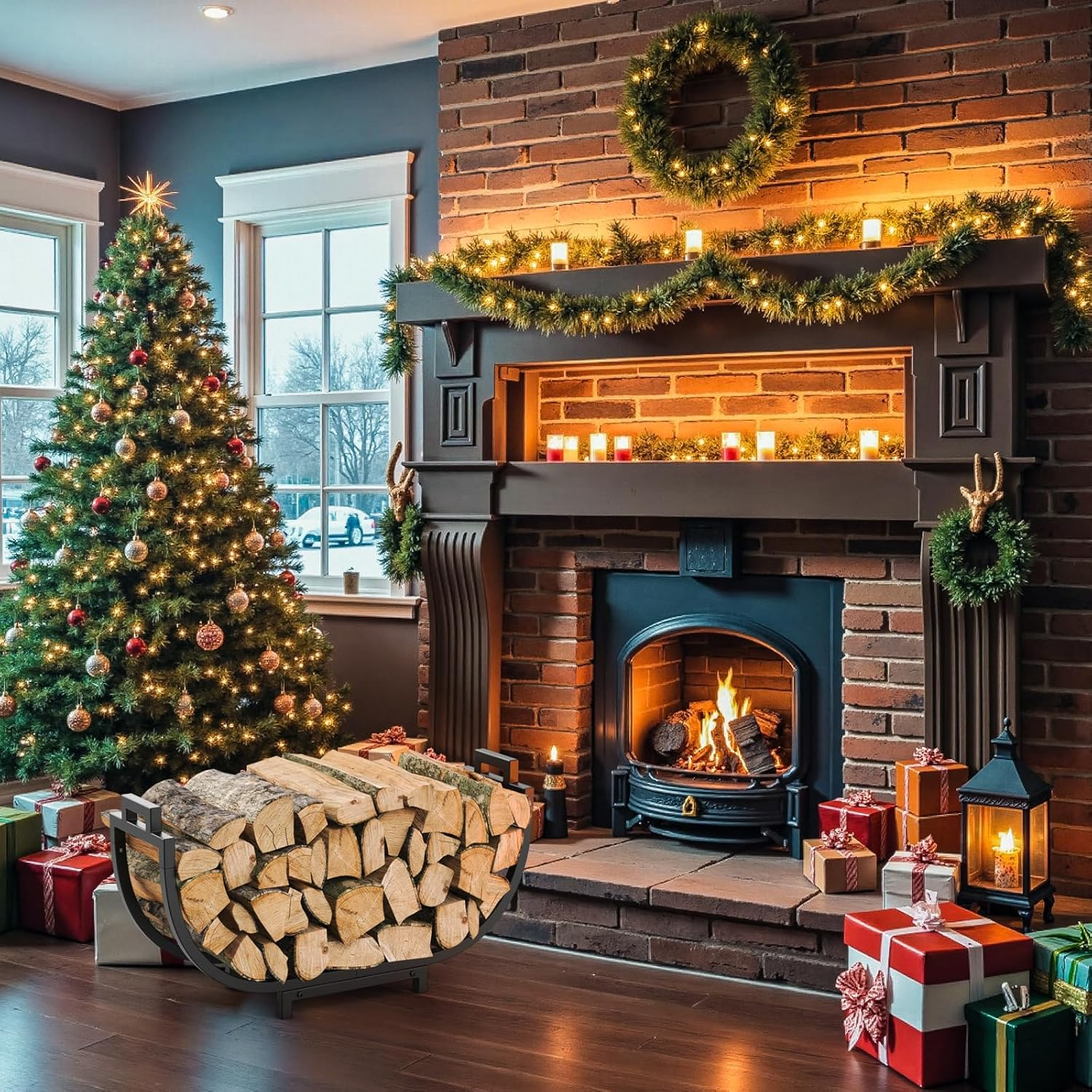 Elbourn Firewood Rack, 24 Inch Indoor Fireplace Log Holder with Carrier, Thickened Metal Rustproof Wood Storage Rack image number 2