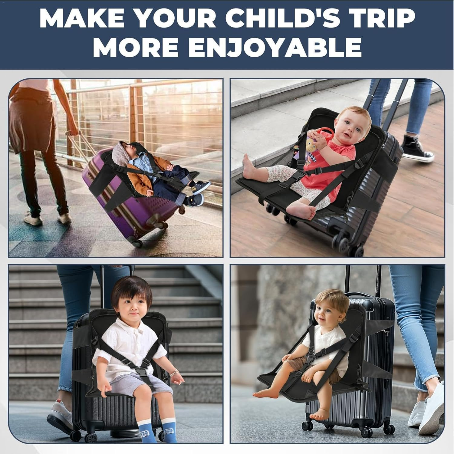 Carry Luggage Seat for Kids - Foldable Adjustable Luggage Seat | Kids Travel Suitcase Seat, Carry Luggage Seat with Safety Belt, Black Luggage Seat for Travel, Vacation image number 5