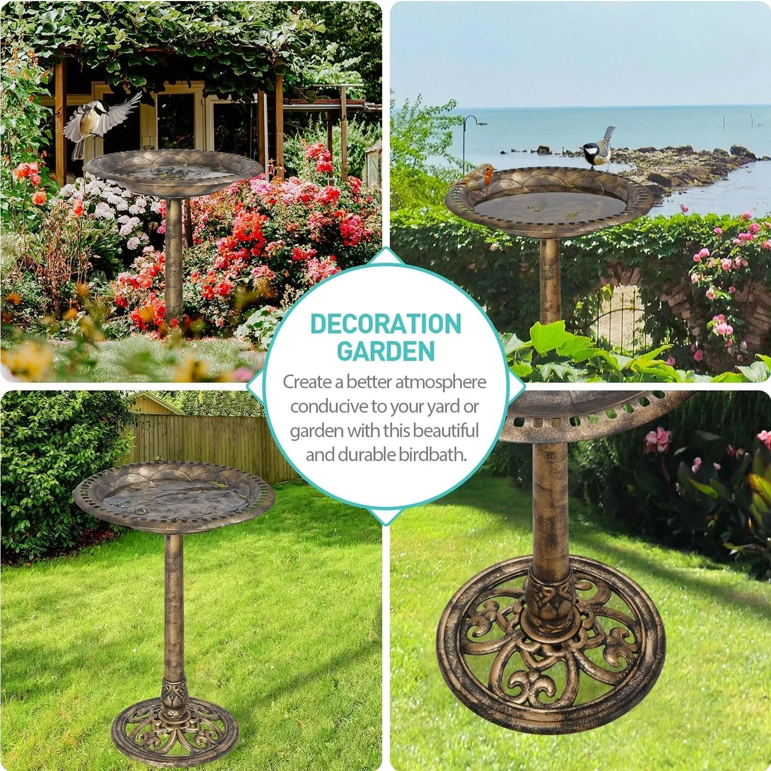 Birdbath Feeder Station Outdoor Pedestal Garden Yard D&eacute;cor Bird Bath Water Tray Bronze image number 6