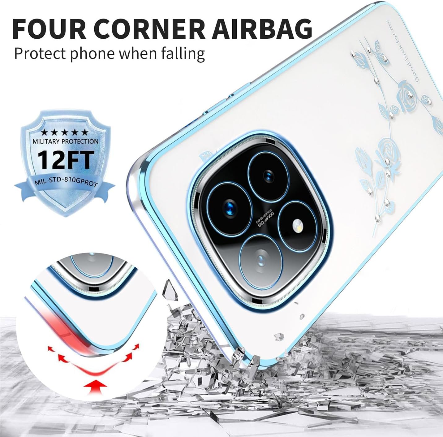 BORYA Case for Xiaomi Redmi Note 14 Pro+ Plus, Shockproof Ultra Thin Transparent Soft TPU Silicone Mobile Phone Case, Elegant Electroplated Glitter Diamond Flower Pattern Protective Case, Blue - Pink image number 2