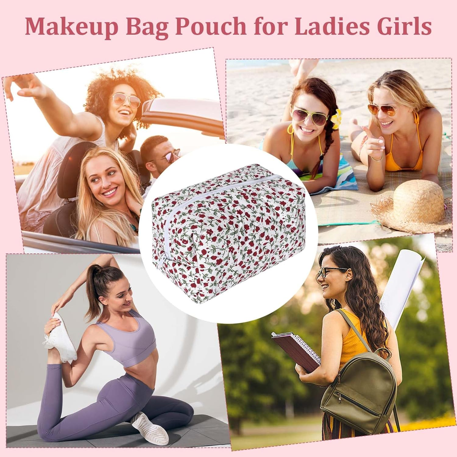 Travel Cosmetic Bag, Cosmetic Bag, Aesthetic Flowers, Quilted Toiletry Bag, Women'S Floral Toiletry Bag, Make up Bag, Aesthetic, with Zip, for Beauty Utensils, Red, Fashion image number 3