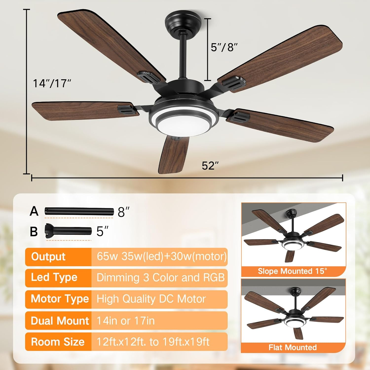OUTON 52 Inch RGB Ceiling Fan with Light, Remote & APP Control, Low Profile Ceiling Fans, Reversible 6 Speeds, 3000-6500K Stepless Dimming, Modern Ceiling Light for Bedroom Indoor Outdoor Use, Walnut image number 2