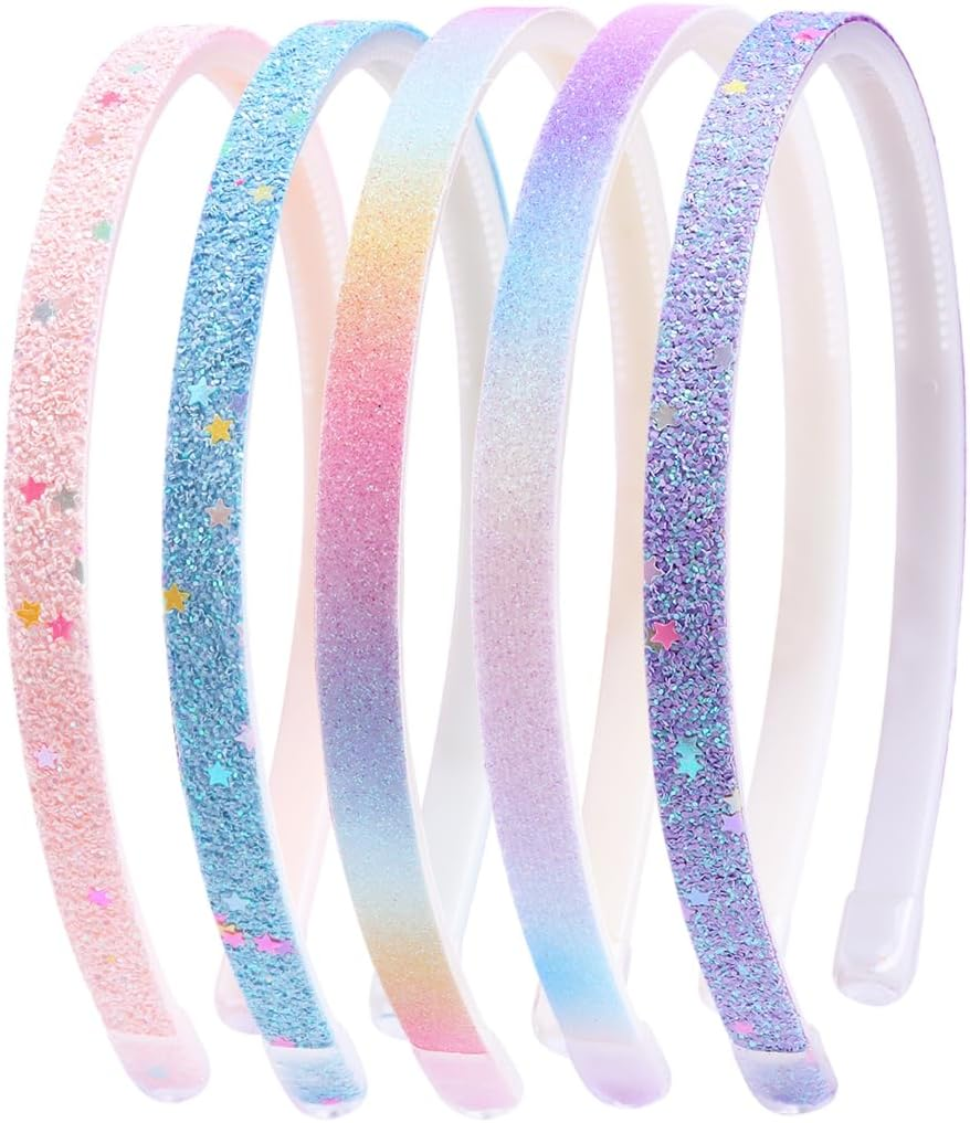 Pack of 5 Glitter Hair Bands Glitter Sequins Colourful Hair Accessory Plastic Non-Slip Glitter Confetti Rainbow Hair Bands with Teeth Sequins Coated Headbands for Little Girls image number 2