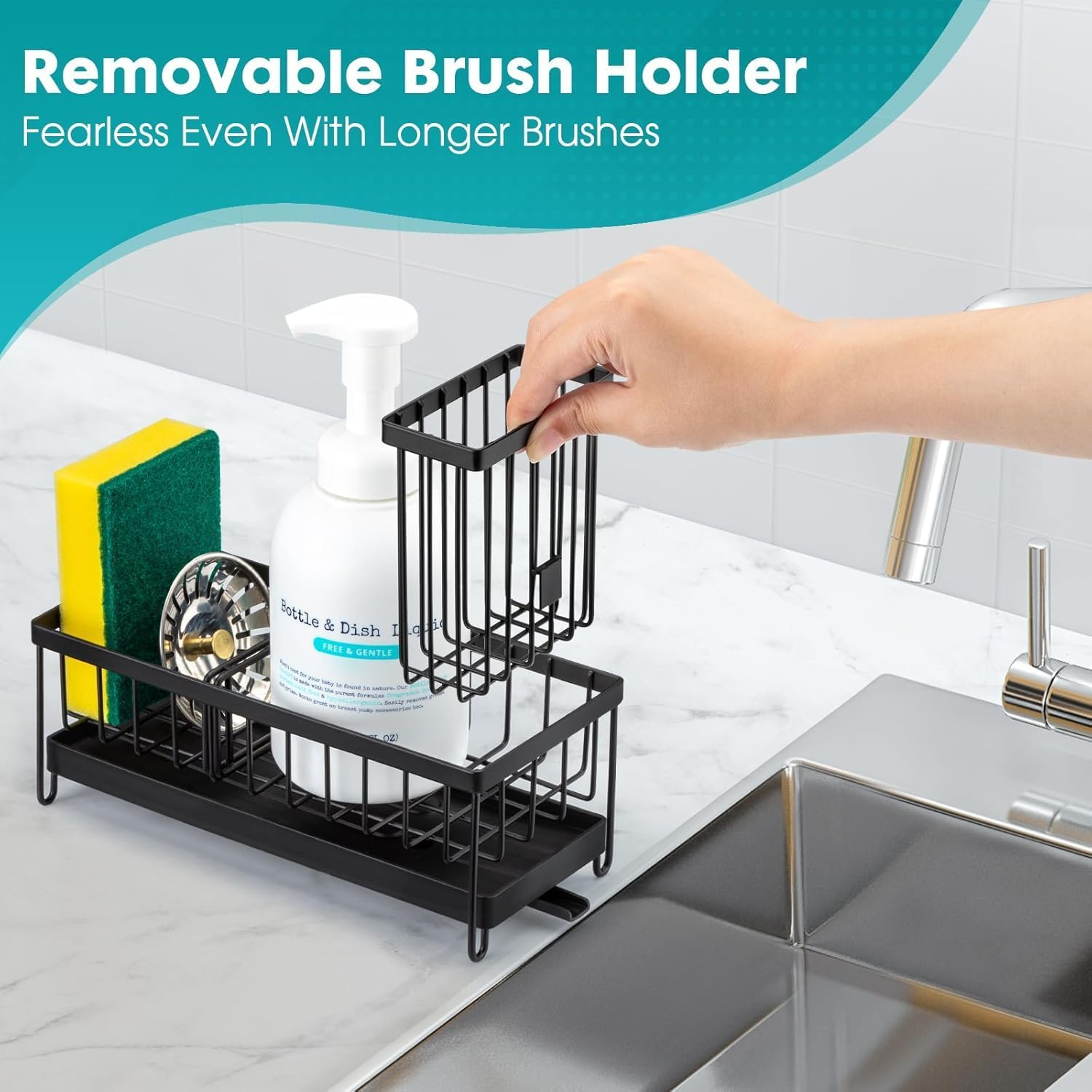 Kitchen Sink Caddy, Sponge Holder for Sink with Self Draining Tray，Rustproof Kitchen Sink Organzier and Storage with Brush Holder image number 5