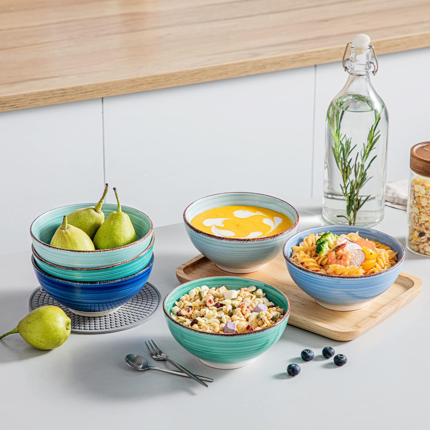 Vancasso Bonita Cereal Bowls Set of 6, 27 Oz Ceramic Soup Bowls, Serving Bowls for Salad, Noodle, Porridge, Rice, Dishwasher & Microwave Safe, Cool Color