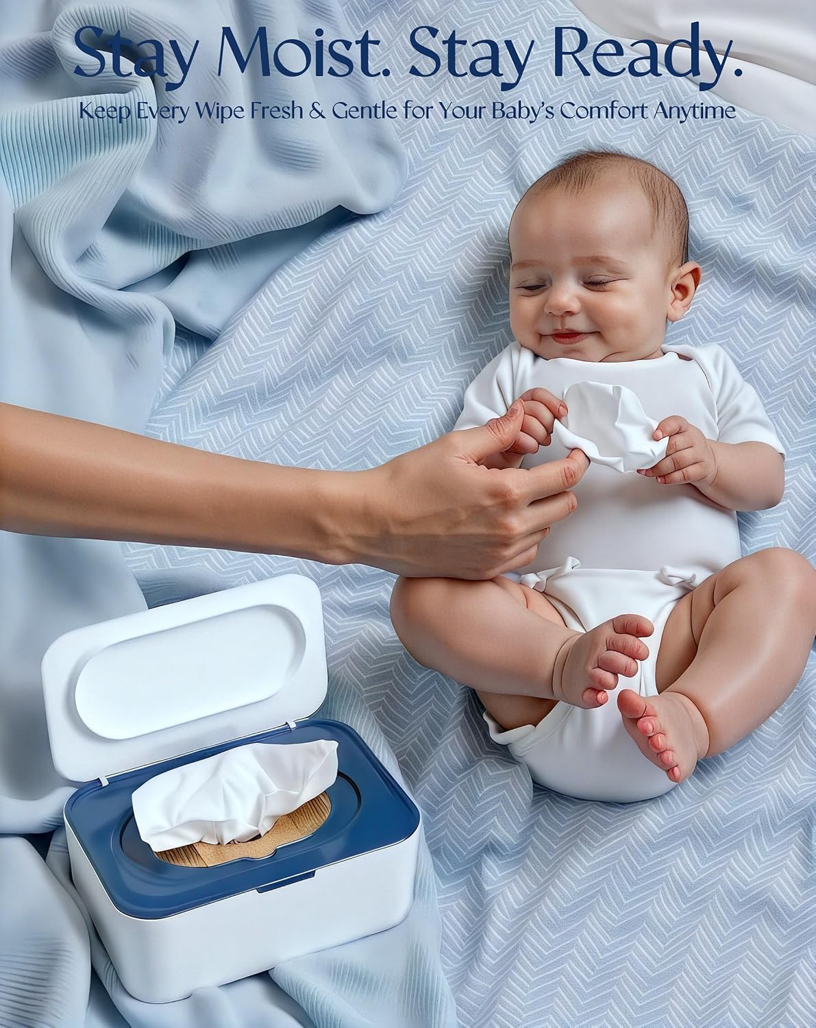 Baby Wipes Dispenser, Wipe Holder, Refillable Case Keeps Baby Wipes Fresh, Easy One-Hand Open, Non-Slip Base for Nursery Use(Blue) image number 5