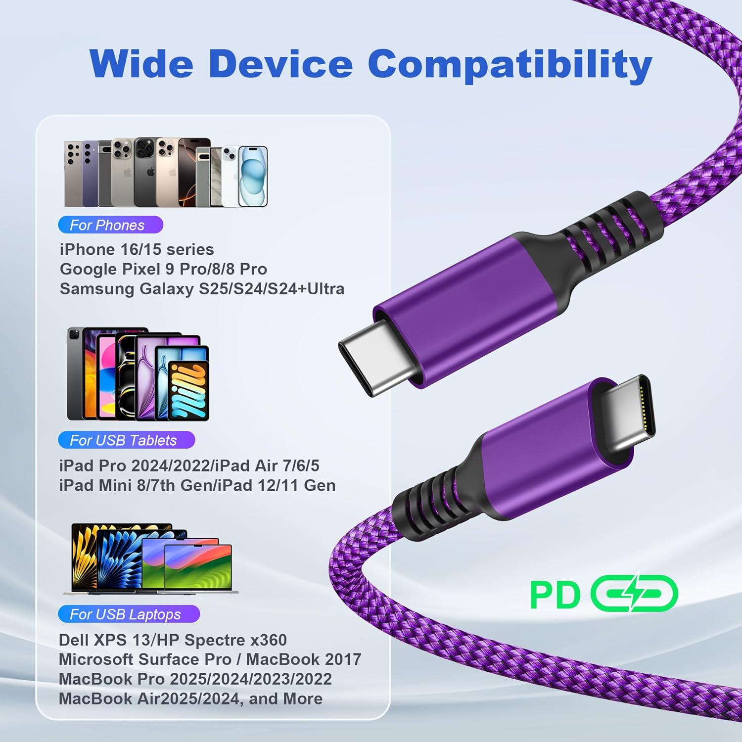 Basesailor for Ipad Mini 7 Charger Cable 3M/2Pack,Usb C to USBC 100W Fast Charging PD Power Cord for Iphone 17 16 15 Pro Max Plus,Apple Ipad Air 4Th 5Th Mini 6Th Gen,Samsung Galaxy S25 S24 S23 S22 S21