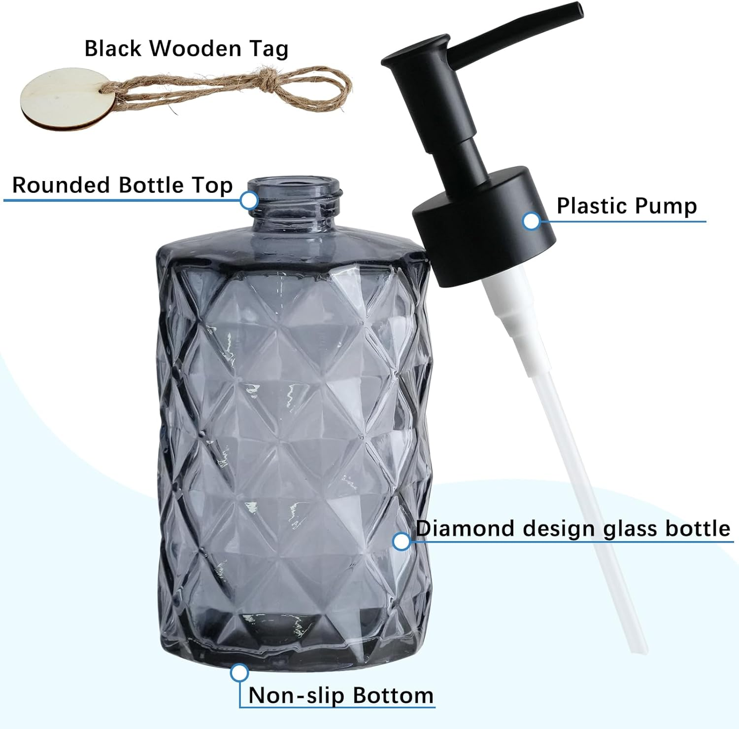 3Pcs 11Oz Glass Soap Dispenser with Plastic Pump, Diamond Design Kitchen Bathroom Soap Dispenser, Refillable Liquid Glass Soap Dispenser for Hand Soap, Soap, Lotion (Black)