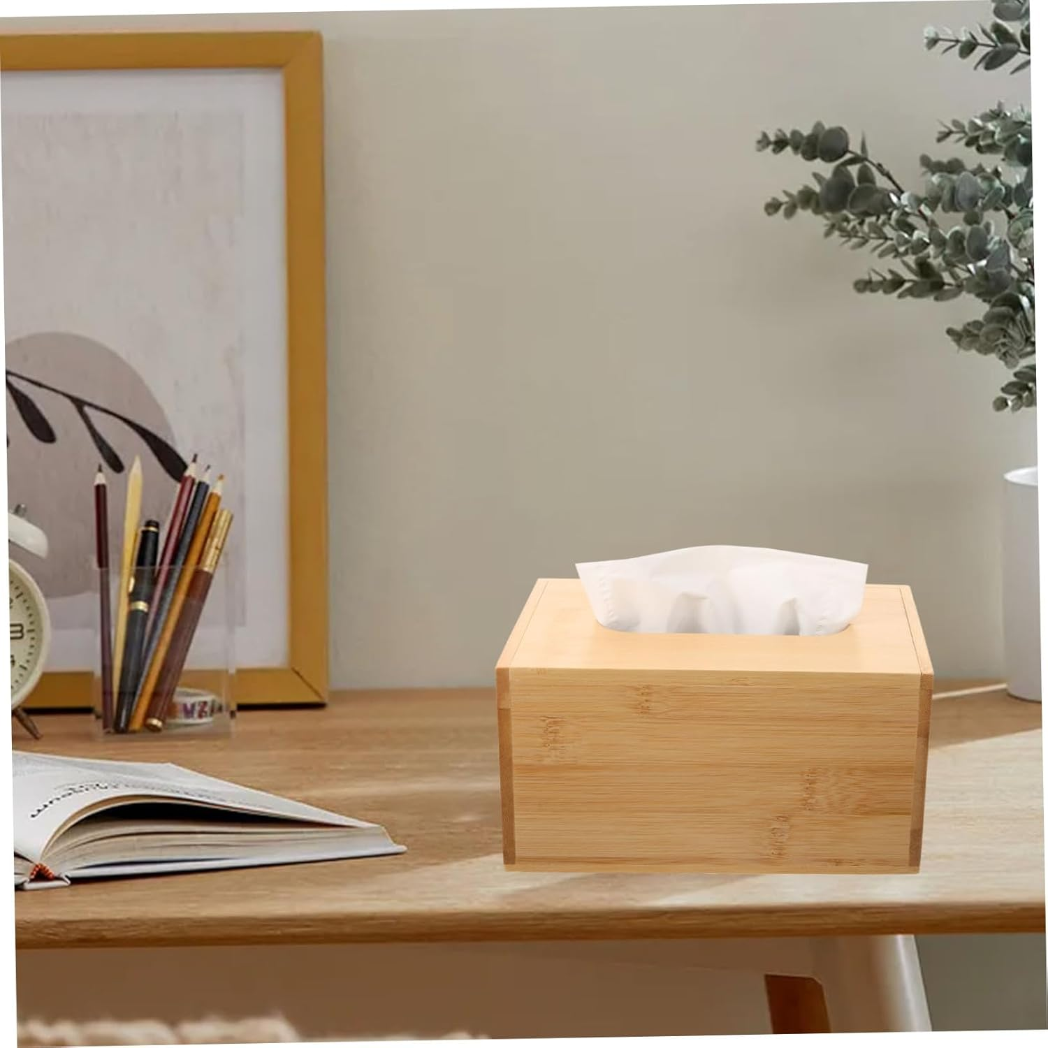 Luxshiny Bamboo Tissue Box Holder Reinforced Flip Lid 23.7X12X8.2Cm Large Wet Wipes Case Tissue Paper Storage Box for Home Office Bedroom image number 1