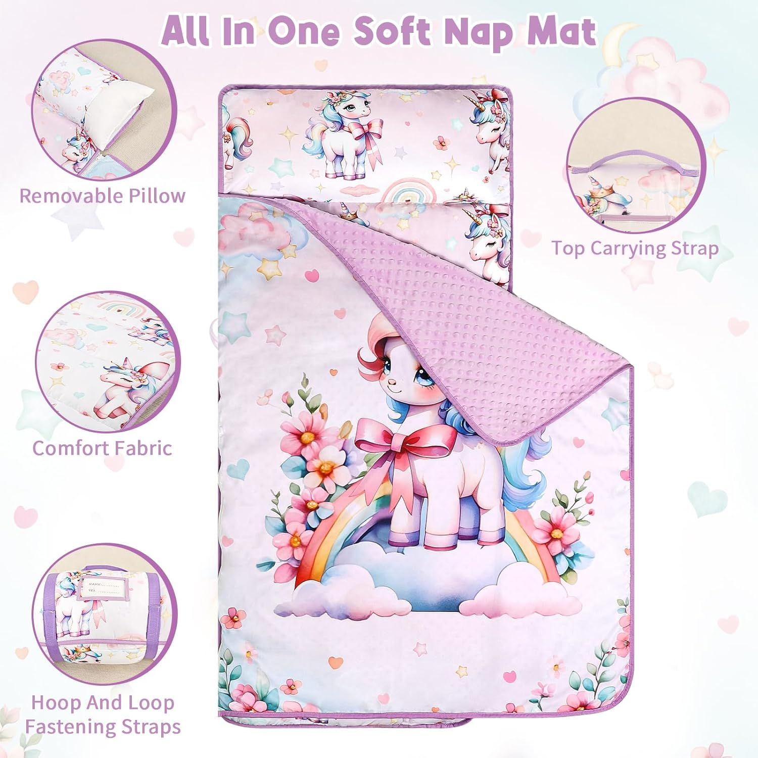 Toddler Nap Mat with Removable Pillow & Soft Minky Blanket, HNHUAMING Extra Large Rolled Napping Mats for Girls Boys, Kids Slumber Bags for Daycare, Preschool Travel Camping image number 6