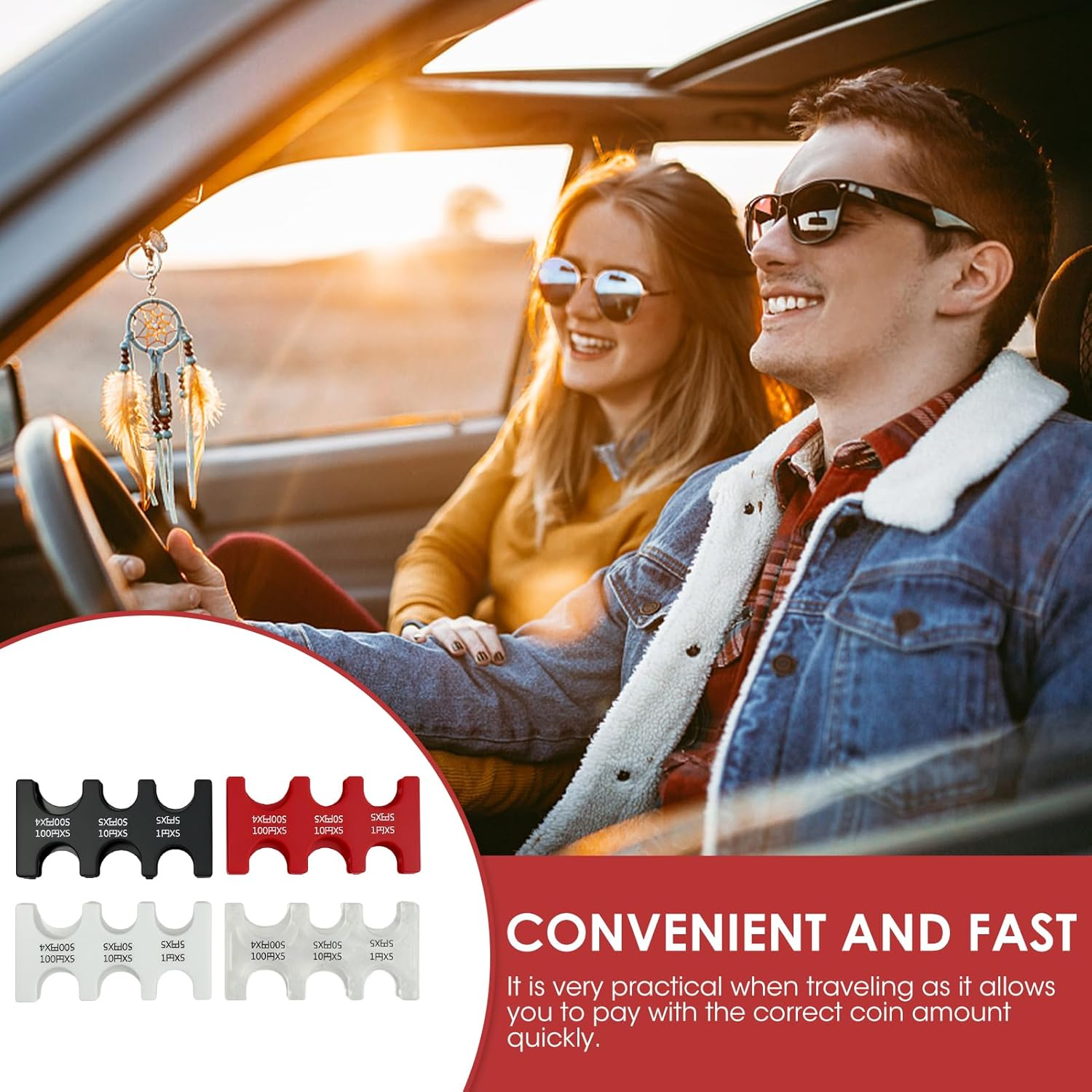 4 Pcs Japanese Yen Coin Holder, Hard Case Organizer with 6 Individual Slots, Portable JPY Coin Storage and Dispenser for Travel Shopping, Holds 1/5/10/50/100/500 Yen Coins (Black, Red, White, Clear) - Black\Red\White\Clear image number 4