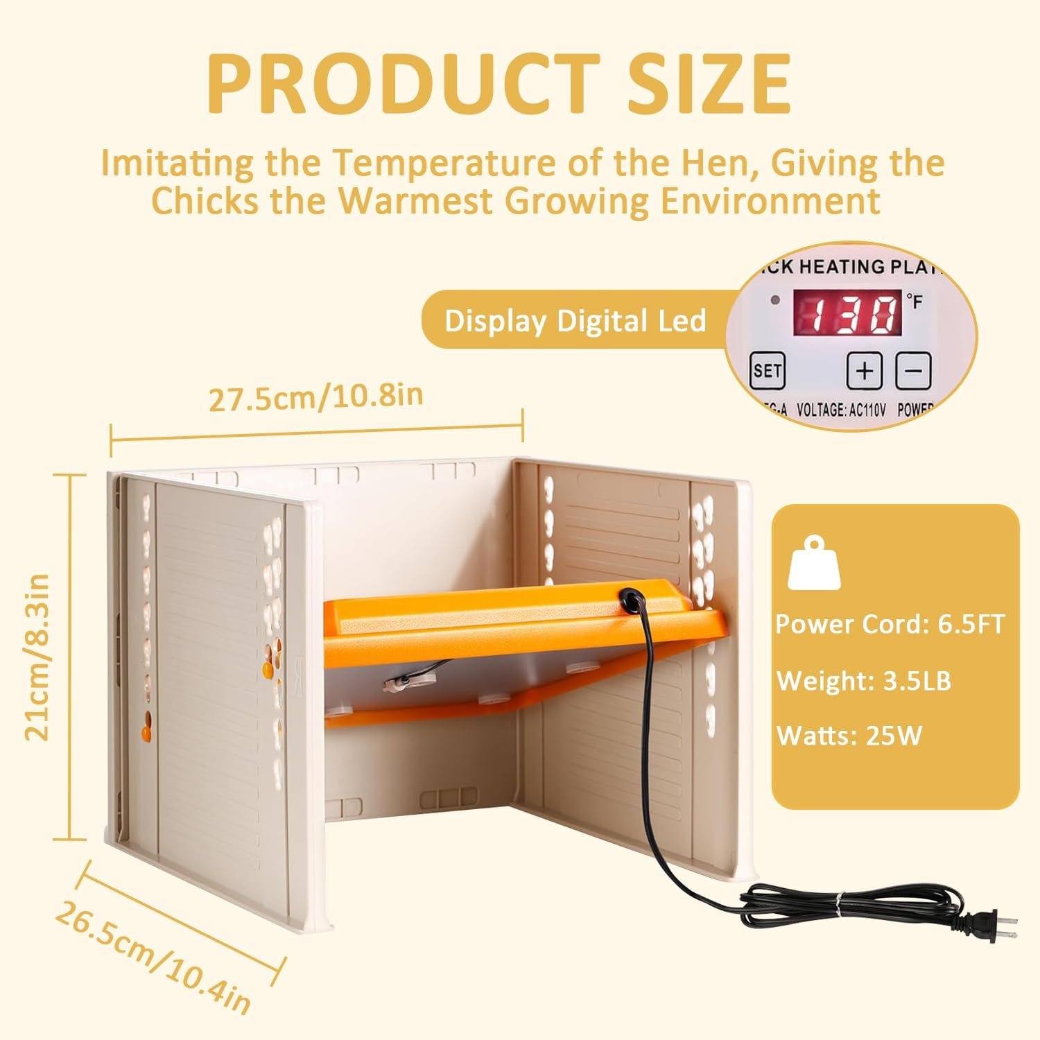 OWNKING Chicken Brooder, 25W Brooder Heater for Chicks, Temperature Contro, Three Sided Protection, Adjustable Height and Angle, Chicken Brooder Heating Plate Warm like Mother Hen, 27.5 X 26.5 CM image number 3