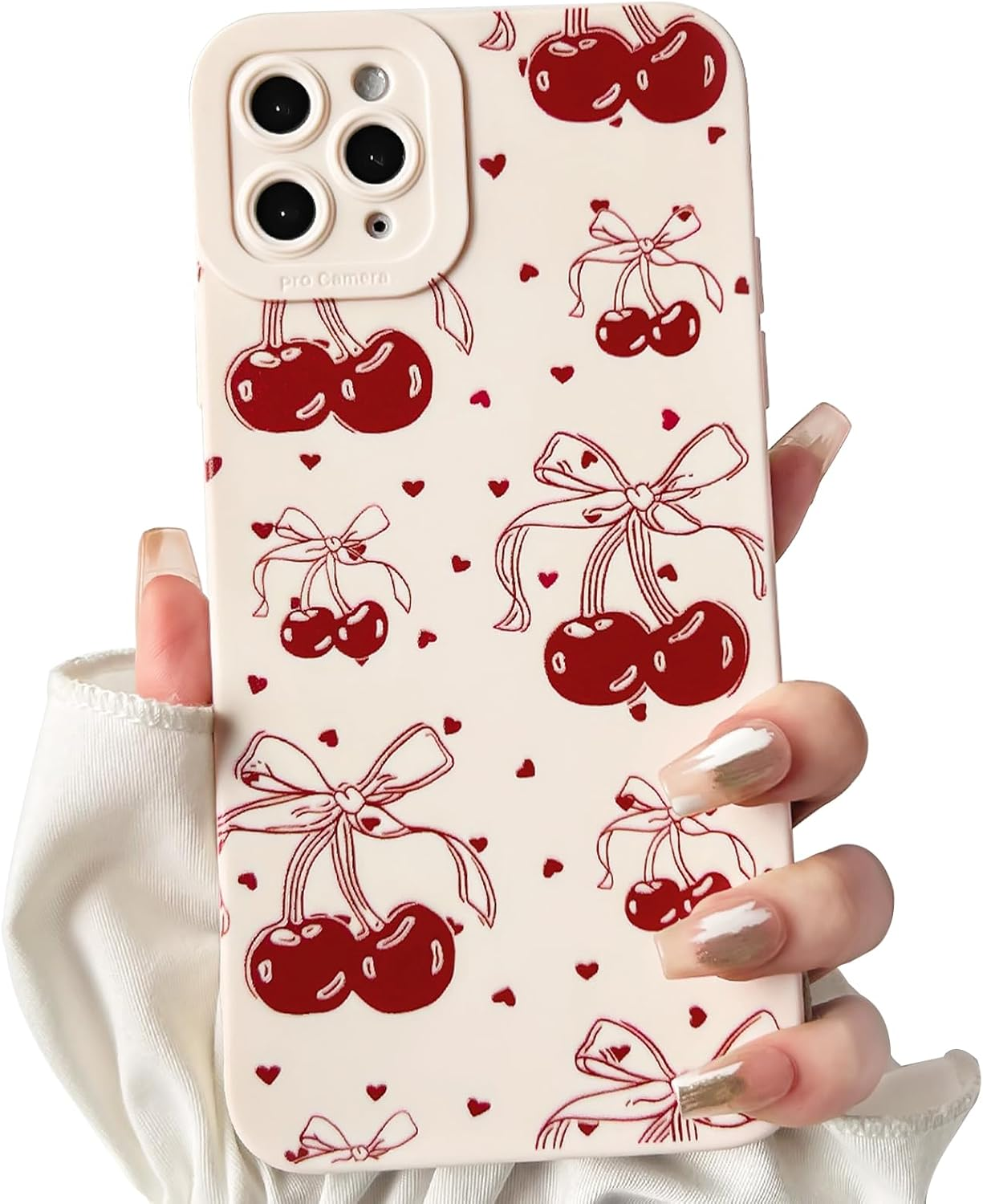 NITITOP Compatible with Iphone 11 Pro Case Cute Bow Bow Cherry Small Hearts for Women Girls Soft TPU Shockproof Protective Case White Mobile Phone Case - White image number 1