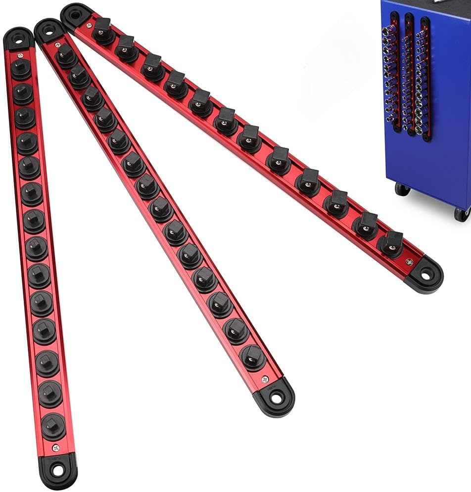 SEDY 3-Piece Magnetic Socket Organizer Tray Set, Aluminium Tool Rail Holder with 1/4", 3/8", 1/2" Drive Clips, Socket Rack for Toolbox Wall Mount Storage image number 6