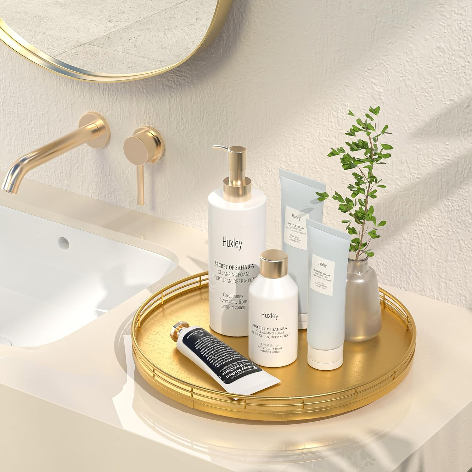 13" Gold Lazy Susan for Table Top, Oak Wood Lazy Susan Turntable Organizer for Dining Coffee Table Centerpiece Bar Decor Kitchen Countertop Bathroom Vanity Decorative Tray for Perfume Jewelry Round image number 5