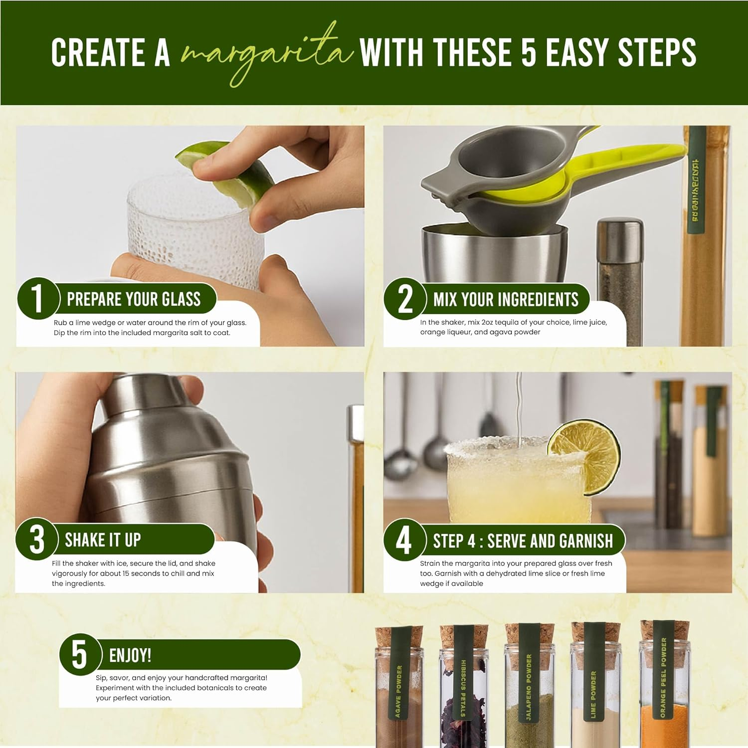 Margarita Kit Gift Set - 5 Botanicals - 2 Glasses - Stainless Steel Shaker & Jigger - Citrus Squeezer - Lime Infused Salt - Dried Lime - Recipe Book - Infusion Cocktail Kit - Basket Gift Set for Women image number 1