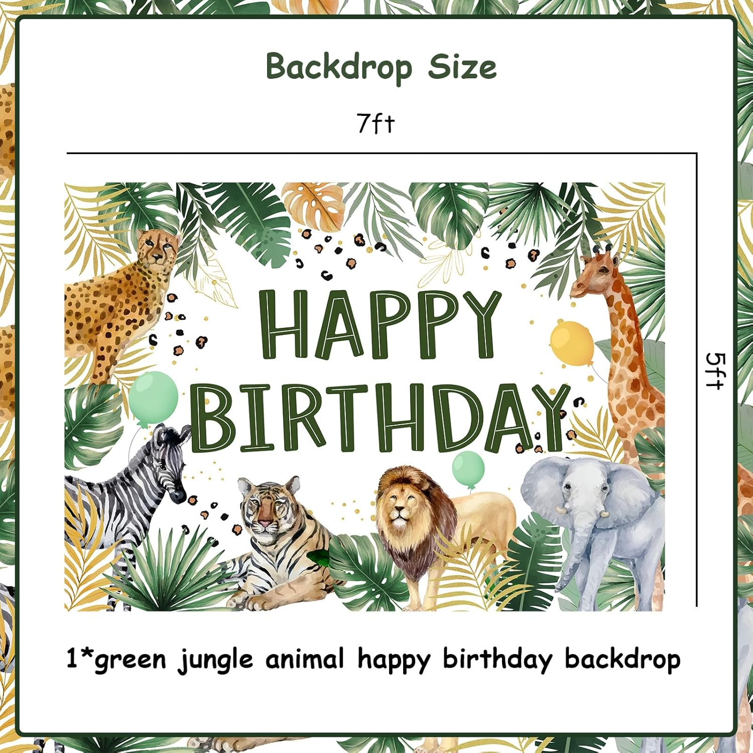 Wonmelody 7 * 5Ft Jungle Happy Birthday Backdrop Decor Safari Animal Zoo Theme Birthday Backdrop Banner Tropical Forest Backdrop with Lion Leopard Zebra Elephant for Boy 1St 3Rd 5Th Safari Birthday image number 1