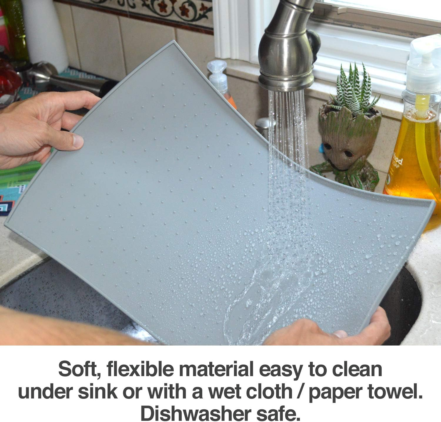 Petfusion Small Waterproof Dog & Cat Food Mat (18X12). FDA Grade Silicone [Superior Hygiene, Non-Toxic, Multiple Sizes] String, Gray image number 3