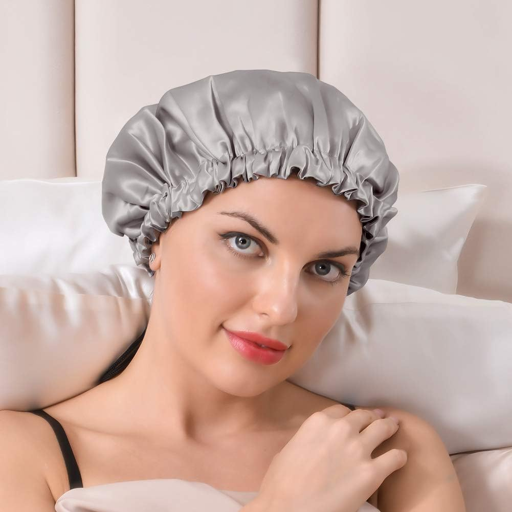 THXSILK Silk Bonnet for Women Girls, 100% 22 Momme Mulberry Silk with Hyaluronic Acid, Double Layered, Durable and Deep Hydration, Adjustable Elastic Night Cap for Hair Care - L, Light Blue & Grey image number 2