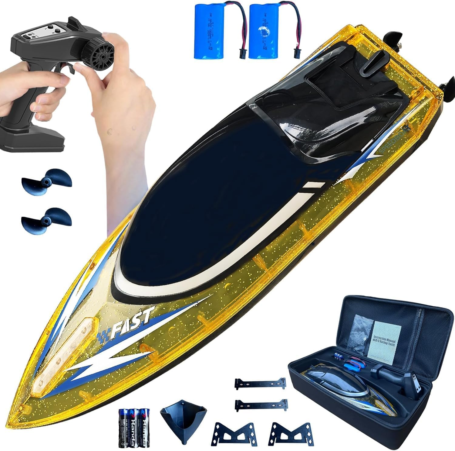 RC Boat with 2 Rechargeable Battery, 30+ MPH Fast Remote Control Boat with Storage Package, 2.4G Large RC Electric Boats Pool and Lakes Toys with LED Lights for Adults and Kid (709-Orange)