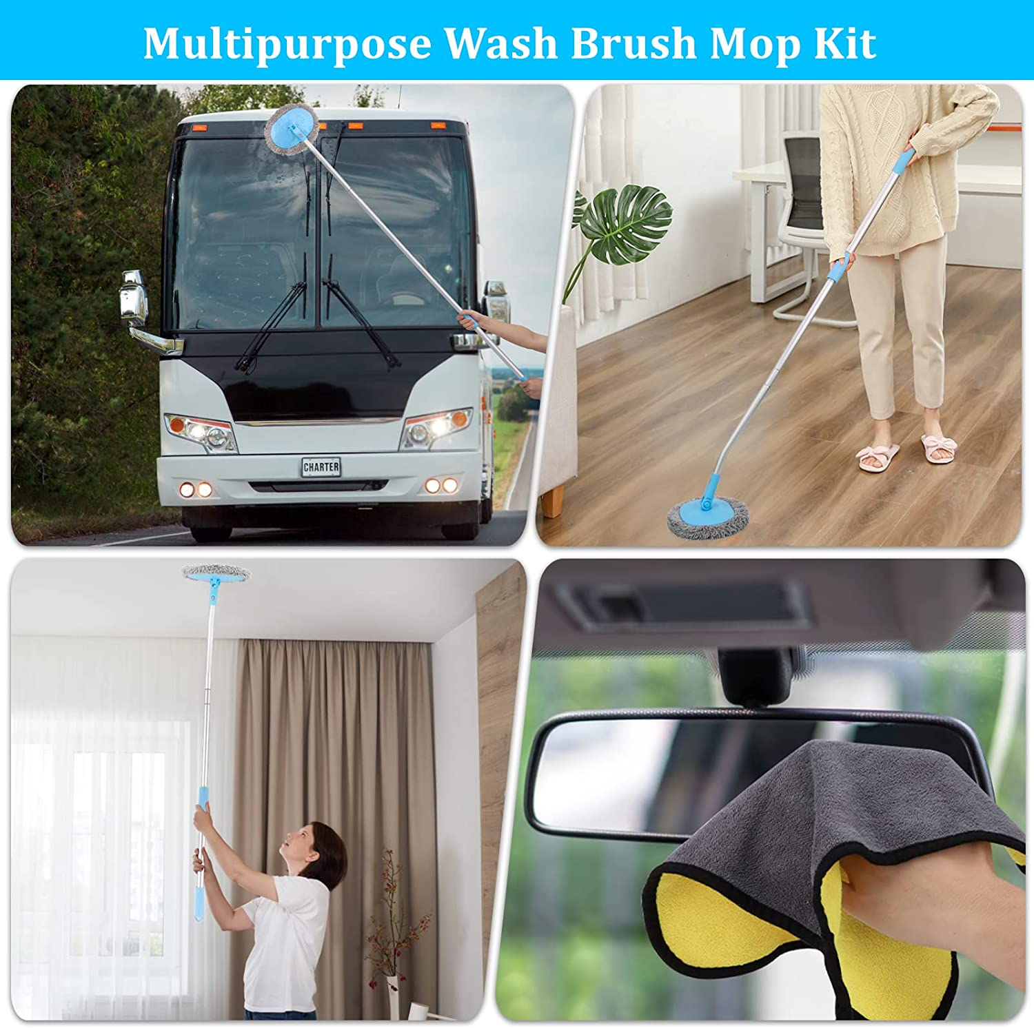 Bluefire 64'' Car Wash Brush Mop, Car Wash Cleaning Mop, 180&deg; Rotatable Wet and Dry Dual Use Cleaning Tool with Long Handle Kit for Washing Detailing Cars Truck, SUV, RV, Trailer(Blue) image number 5