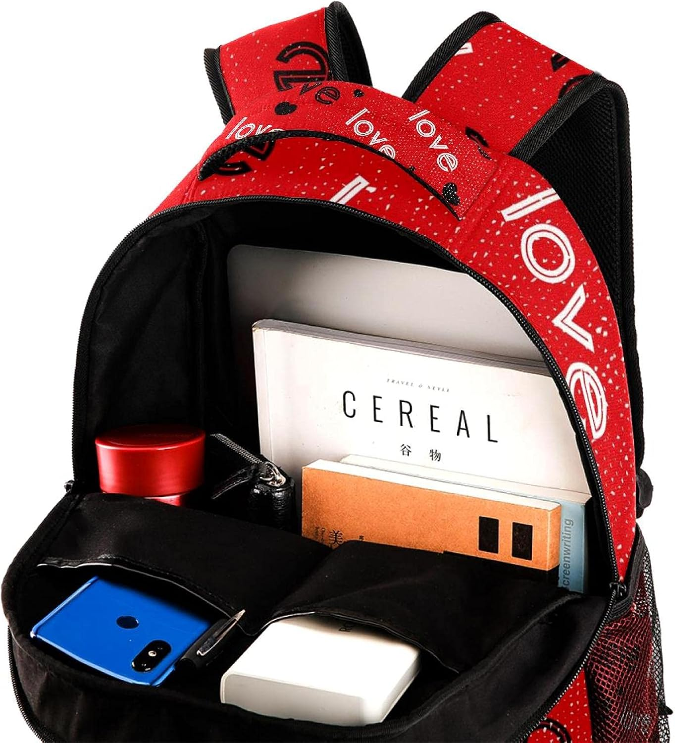 Black White Love Heart Red Background Backpack Students Shoulder Bags Travel Bag College School Tote Backpacks image number 5