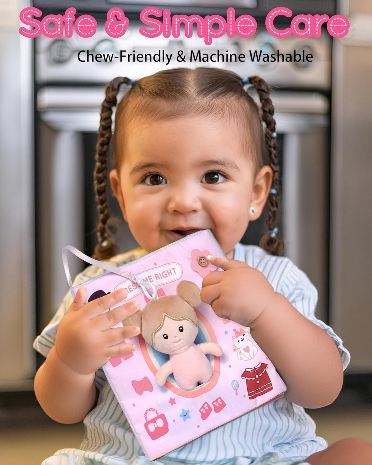 Leyadoll Interactive Sensory Soft Cloth Book, Educational Crinkle Quiet Activity Busy Book for Babies,Toddler Travel Toy 1-3 Year Old Boys and Girls (Dress Me Right) - Hello-Potty-Pink image number 4