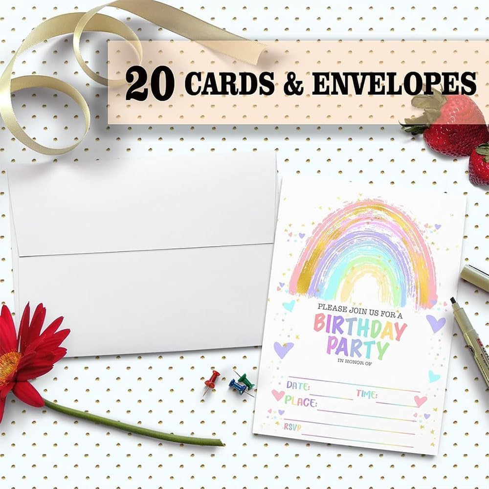 40 Pcs Birthday Party Invitation Cards,Rainbow Happy Birthday Party Celebration Invites,20 Cards with 20 Envelopes