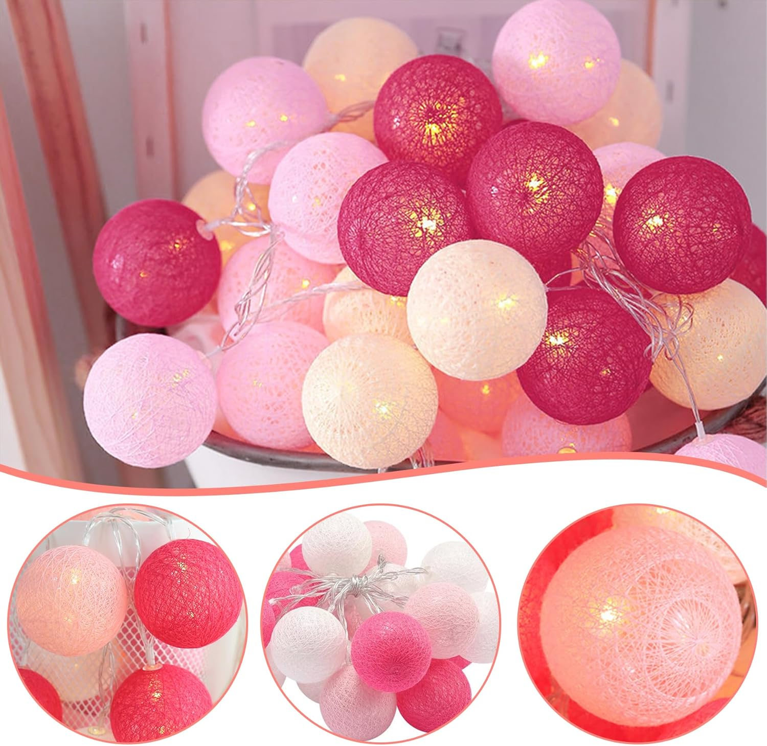 LED Fairy Lights, Cotton Balls, 300 Cm, 20 LED Balls Fairy Lights, Battery Operated, Cotton Ball Fairy Lights for Christmas, Wedding, Children'S Room, Party Decoration image number 5
